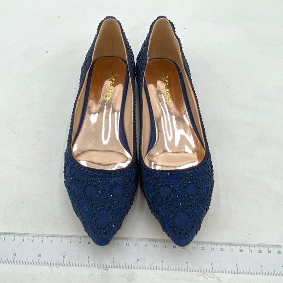 XYD Navy Pointed Toe Rhinestone Slip On Low Heel Crystal Embellished Shoes - Picture 3 of 8